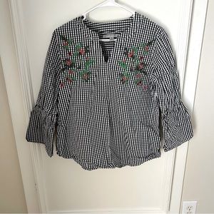 Andrew Marc New York Black White Gingham Floral Embroidered Blouse Small